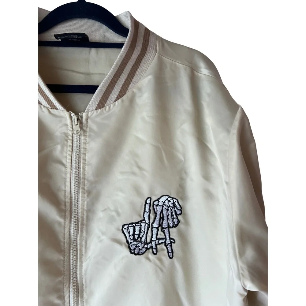 Original Deluxe Supply Mens LA Skeleton Rose Bomber Jacket Cream Medium Zip Up‎